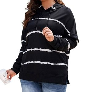 BLACK WHITE TIE DYE STRIPED SOFT DRAWSTRING HOODIE SIZE 1X (14-16)